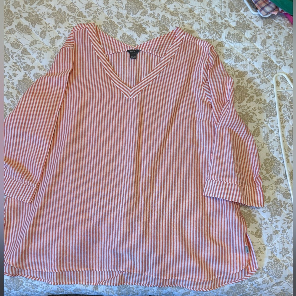 EDDIE BAUER Vibrant Orange and White Striped Linen Tunic-Size 2XL-V- neck-CUTE